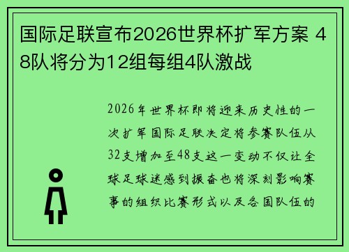 国际足联宣布2026世界杯扩军方案 48队将分为12组每组4队激战 国际足联宣布2026世界杯扩军方案 48队将分为12组每组4队激战